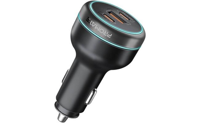 Promate Car Charger 230W Power Delivery, Rapid Charger With Dual USB-C Port 140W / 45W, & USB-A 3.0, 45W, for Laptop, Smartphone, Black